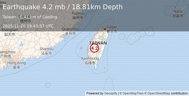 Earthquake 19 km SSW of Lugu, Taiwan (4.2 mb) (2025-11-20 19:43:57 UTC)