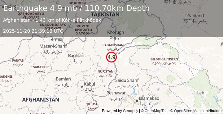 Earthquake 55 km SSW of Ashkāsham, Afghanistan (4.9 mb) (2025-11-20 21:39:13 UTC)