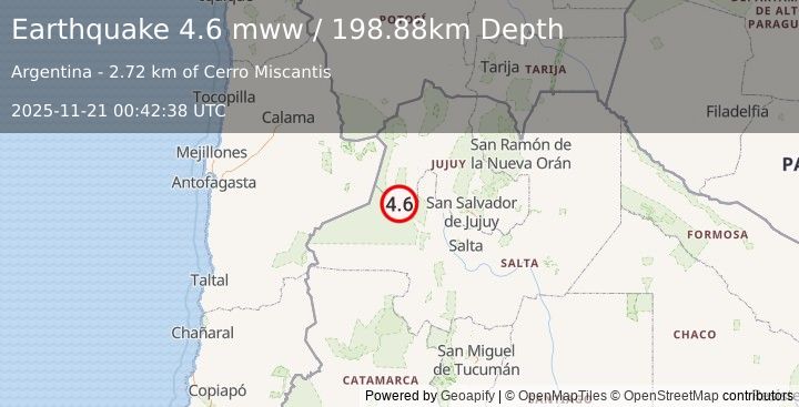 Earthquake 45 km WNW of San Antonio de los Cobres, Argentina (4.6 mww) (2025-11-21 00:42:38 UTC)