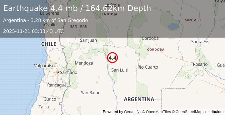 Earthquake 37 km WNW of Villa General Roca, Argentina (4.4 mb) (2025-11-21 03:33:43 UTC)