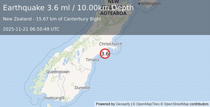 Earthquake 33 km SSW of Leeston, New Zealand (3.6 ml) (2025-11-21 06:50:49 UTC)