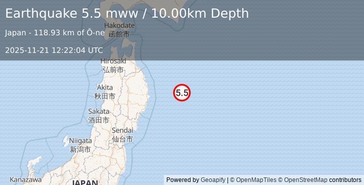 Earthquake 129 km E of Miyako, Japan (5.5 mww) (2025-11-21 12:22:04 UTC)