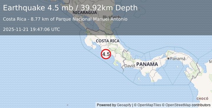 Earthquake 14 km SSW of Quepos, Costa Rica (4.5 mb) (2025-11-21 19:47:06 UTC)