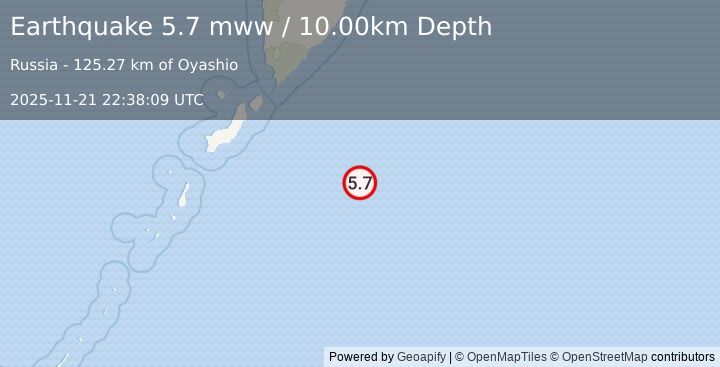 Earthquake 214 km SE of Severo-Kuril’sk, Russia (5.7 mww) (2025-11-21 22:38:09 UTC)