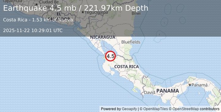 Earthquake 11 km NW of San José, Costa Rica (4.5 mb) (2025-11-22 10:29:01 UTC)