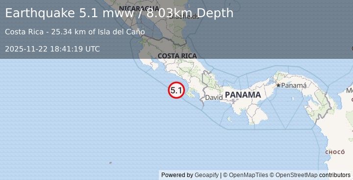 Earthquake 67 km WSW of Puerto Cortés, Costa Rica (5.1 mww) (2025-11-22 18:41:19 UTC)