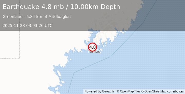 Earthquake 18 km NNW of Tasiilaq, Greenland (4.8 mb) (2025-11-23 03:03:26 UTC)