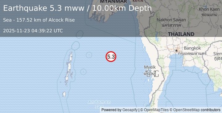 Earthquake 267 km WSW of Dawei, Burma (Myanmar) (5.3 mww) (2025-11-23 04:39:22 UTC)