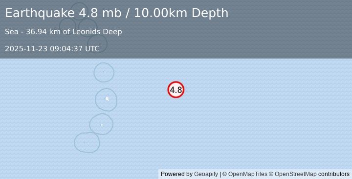Earthquake South Sandwich Islands region (4.8 mb) (2025-11-23 09:04:37 UTC)