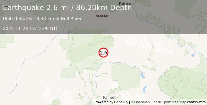 Earthquake 37 km SW of Cantwell, Alaska (2.6 ml) (2025-11-23 13:22:09 UTC)