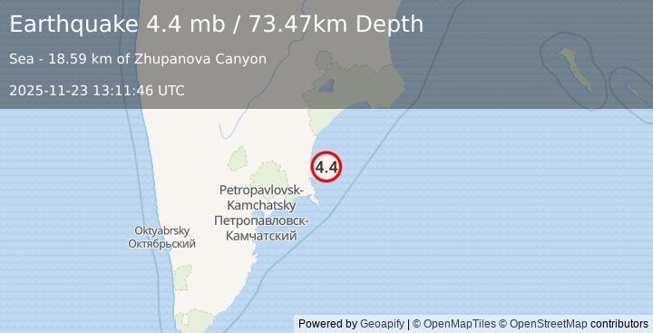 Earthquake 126 km ENE of Petropavlovsk-Kamchatsky, Russia (4.4 mb) (2025-11-23 13:11:46 UTC)