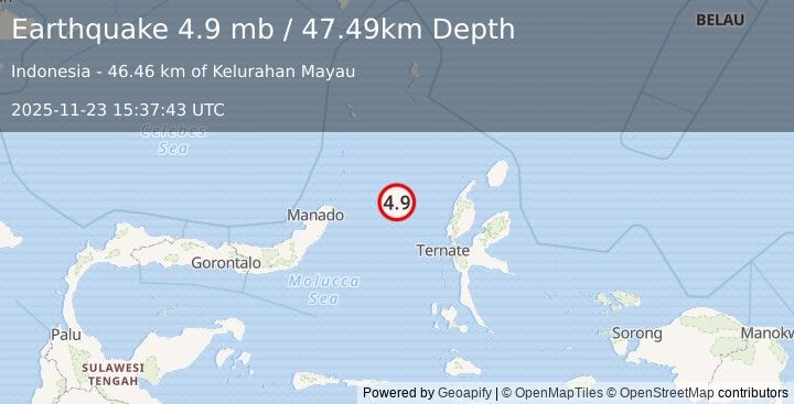 Earthquake 146 km NW of Ternate, Indonesia (4.9 mb) (2025-11-23 15:37:43 UTC)