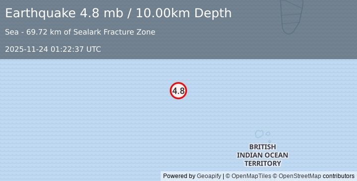 Earthquake Chagos Archipelago region (4.8 mb) (2025-11-24 01:22:37 UTC)