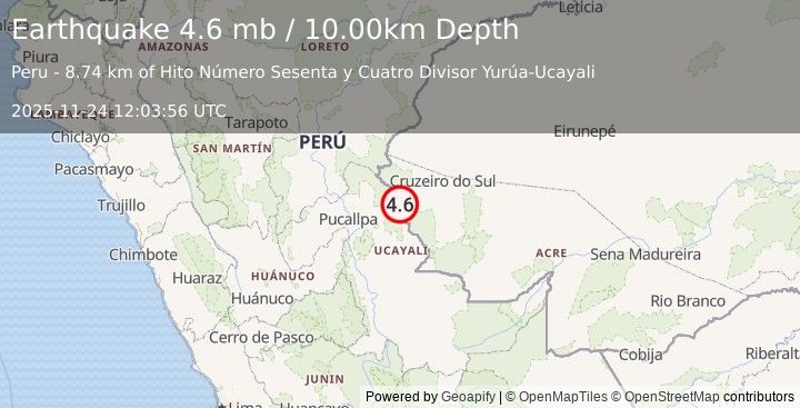 Earthquake 86 km SW of Mâncio Lima, Brazil (4.6 mb) (2025-11-24 12:03:56 UTC)