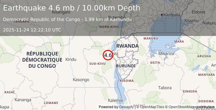 Earthquake 22 km SW of Kabare, Democratic Republic of the Congo (4.6 mb) (2025-11-24 12:22:10 UTC)