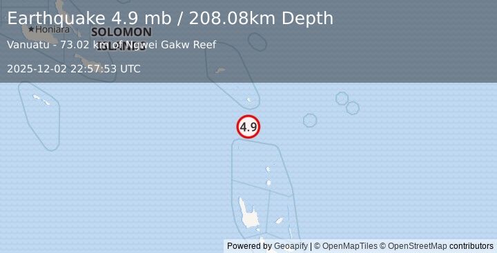 Earthquake 170 km NNW of Sola, Vanuatu (4.9 mb) (2025-12-02 22:57:53 UTC)