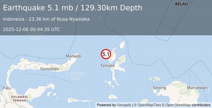 Earthquake 82 km W of Tobelo, Indonesia (5.1 mb) (2025-12-06 00:44:35 UTC)