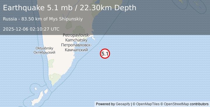 Earthquake 159 km ESE of Petropavlovsk-Kamchatsky, Russia (5.1 mb) (2025-12-06 02:10:27 UTC)