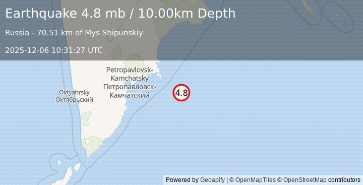 Earthquake 157 km ESE of Petropavlovsk-Kamchatsky, Russia (4.8 mb) (2025-12-06 10:31:27 UTC)