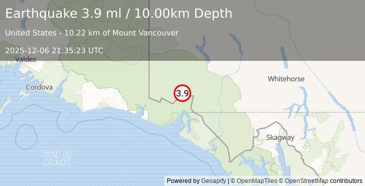 Earthquake 97 km N of Yakutat, Alaska (3.9 ml) (2025-12-06 21:35:23 UTC)