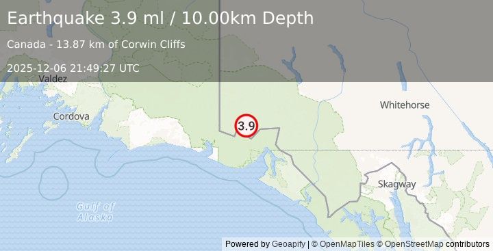 Earthquake 97 km NNW of Yakutat, Alaska (3.9 ml) (2025-12-06 21:49:27 UTC)