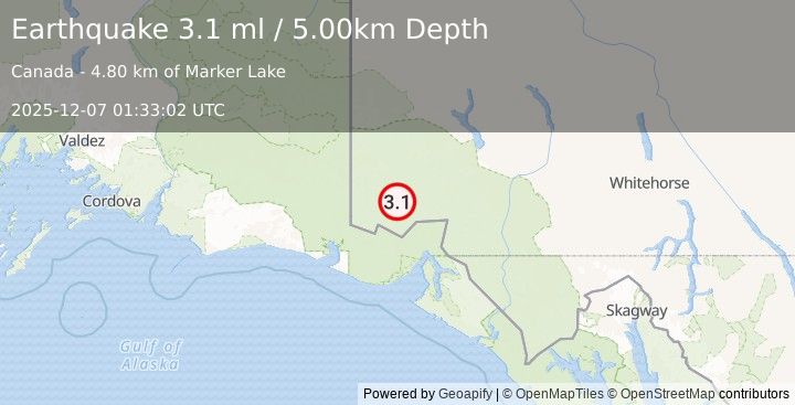 Earthquake 110 km N of Yakutat, Alaska (3.1 ml) (2025-12-07 01:33:02 UTC)