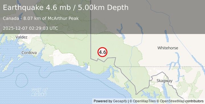 Earthquake 115 km N of Yakutat, Alaska (4.6 mb) (2025-12-07 02:29:03 UTC)
