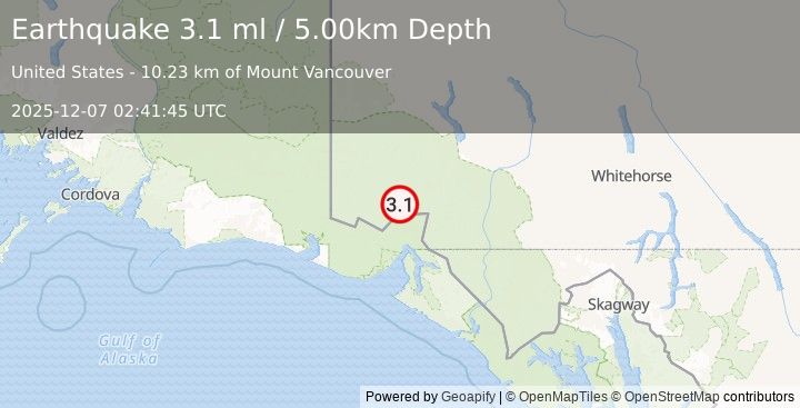 Earthquake 100 km N of Yakutat, Alaska (3.1 ml) (2025-12-07 02:41:45 UTC)