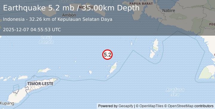 Earthquake 221 km WSW of Tual, Indonesia (5.2 mb) (2025-12-07 04:55:53 UTC)