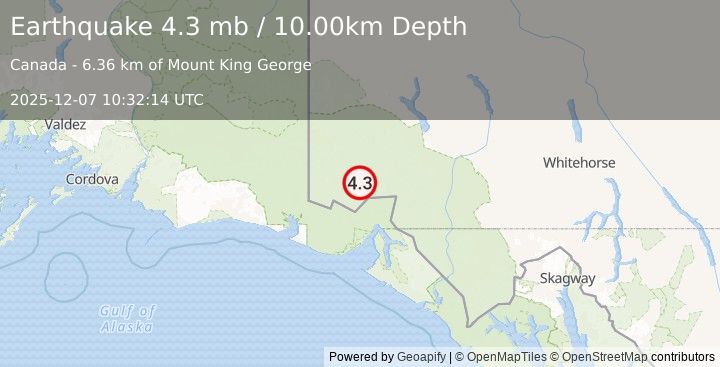 Earthquake 105 km N of Yakutat, Alaska (4.3 mb) (2025-12-07 10:32:14 UTC)