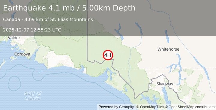 Earthquake 107 km N of Yakutat, Alaska (4.1 mb) (2025-12-07 12:55:23 UTC)