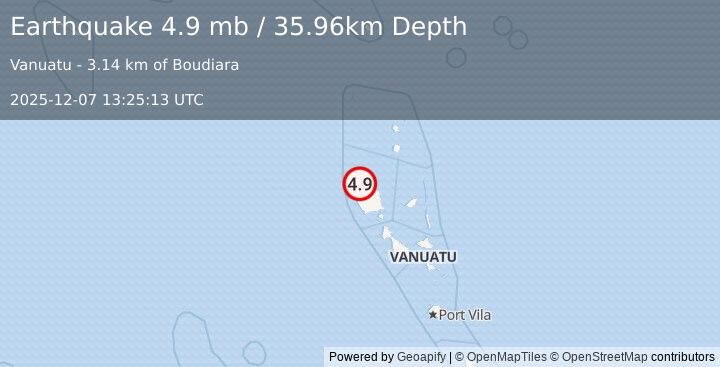 Earthquake 39 km W of Port-Olry, Vanuatu (4.9 mb) (2025-12-07 13:25:13 UTC)