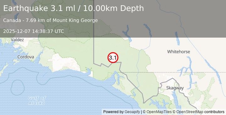 Earthquake 108 km N of Yakutat, Alaska (3.1 ml) (2025-12-07 14:38:37 UTC)