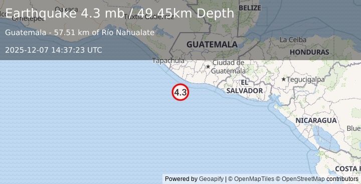 Earthquake 83 km SSE of Champerico, Guatemala (4.3 mb) (2025-12-07 14:37:23 UTC)