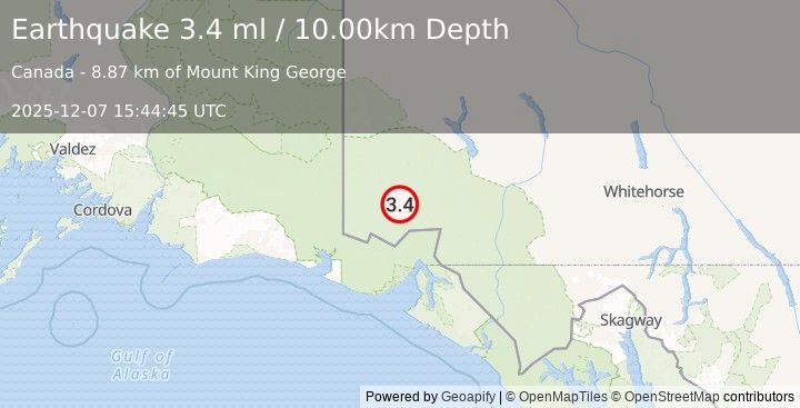 Earthquake 117 km N of Yakutat, Alaska (3.4 ml) (2025-12-07 15:44:45 UTC)