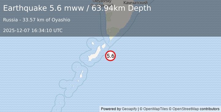 Earthquake 67 km SE of Severo-Kuril’sk, Russia (5.6 mww) (2025-12-07 16:34:10 UTC)