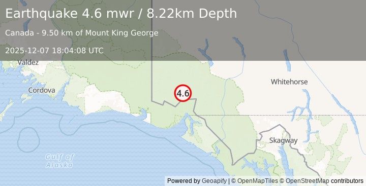Earthquake 103 km N of Yakutat, Alaska (4.6 mwr) (2025-12-07 18:04:08 UTC)