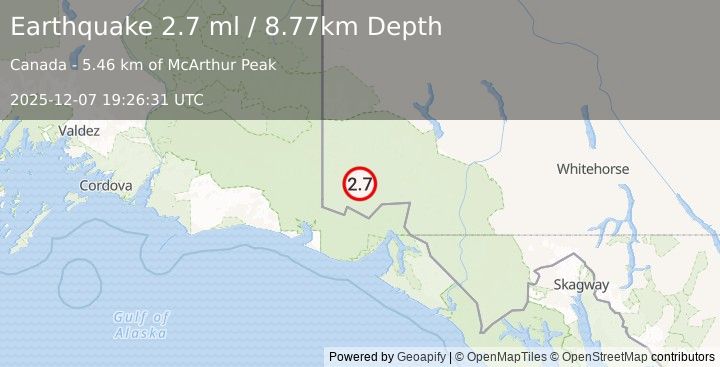 Earthquake 115 km NNW of Yakutat, Alaska (2.7 ml) (2025-12-07 19:26:31 UTC)