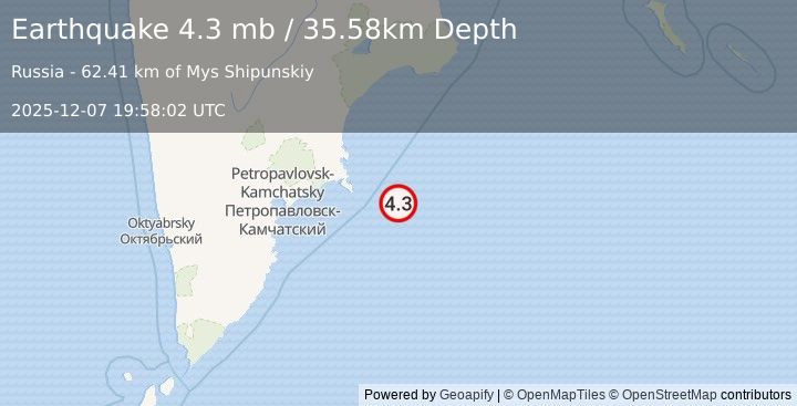 Earthquake 156 km E of Petropavlovsk-Kamchatsky, Russia (4.3 mb) (2025-12-07 19:58:02 UTC)