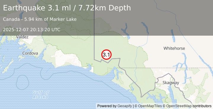 Earthquake 107 km N of Yakutat, Alaska (3.1 ml) (2025-12-07 20:13:20 UTC)