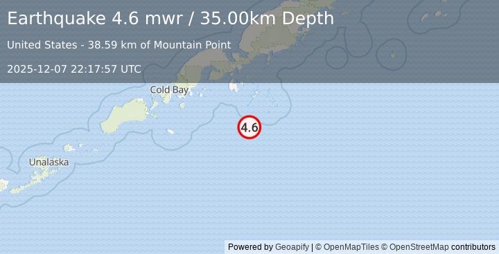 Earthquake 93 km SSE of Sand Point, Alaska (4.6 mwr) (2025-12-07 22:17:57 UTC)