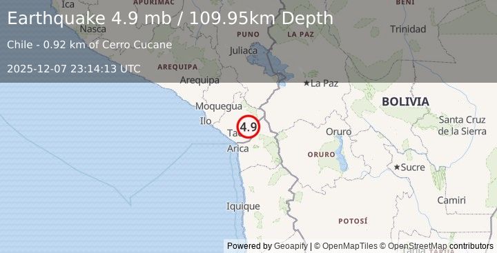 Earthquake 5 km SSW of Palca, Peru (4.9 mb) (2025-12-07 23:14:13 UTC)