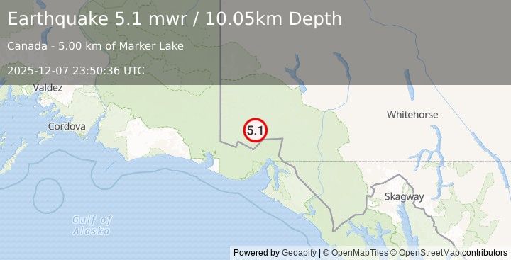 Earthquake 104 km N of Yakutat, Alaska (5.1 mwr) (2025-12-07 23:50:36 UTC)