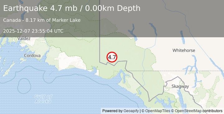 Earthquake 107 km NNW of Yakutat, Alaska (4.7 mb) (2025-12-07 23:55:04 UTC)