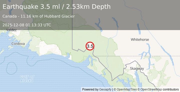 Earthquake 100 km N of Yakutat, Alaska (3.5 ml) (2025-12-08 01:13:33 UTC)
