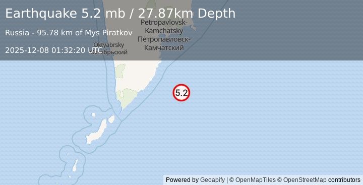 Earthquake 175 km SSE of Vilyuchinsk, Russia (5.2 mb) (2025-12-08 01:32:20 UTC)