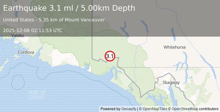 Earthquake 95 km N of Yakutat, Alaska (3.1 ml) (2025-12-08 02:11:53 UTC)