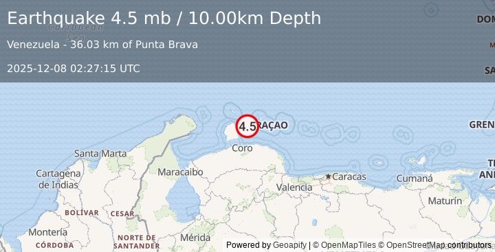 Earthquake 48 km ENE of Pueblo Nuevo, Venezuela (4.5 mb) (2025-12-08 02:27:15 UTC)