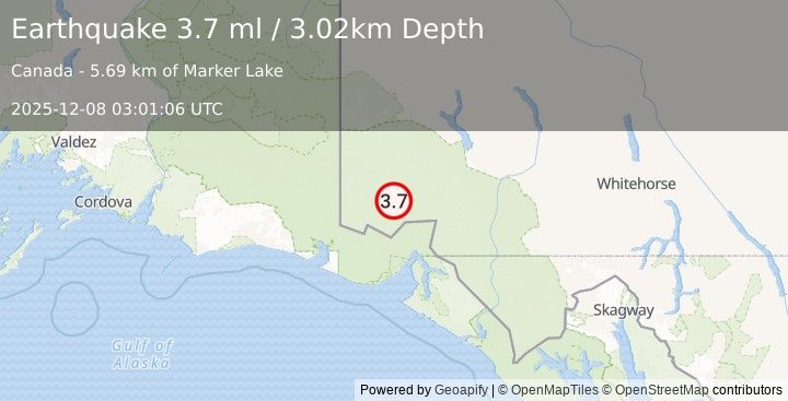 Earthquake 112 km N of Yakutat, Alaska (3.7 ml) (2025-12-08 03:01:06 UTC)