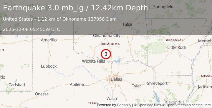 Earthquake 10 km E of Loco, Oklahoma (3.0 mb_lg) (2025-12-08 05:45:59 UTC)